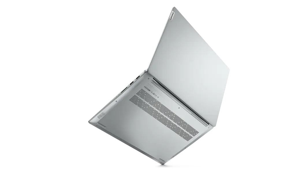 Parte inferior del portátil Lenovo IdeaPad 5i Pro Gen 7 y tapa superior en color Cloud Grey.