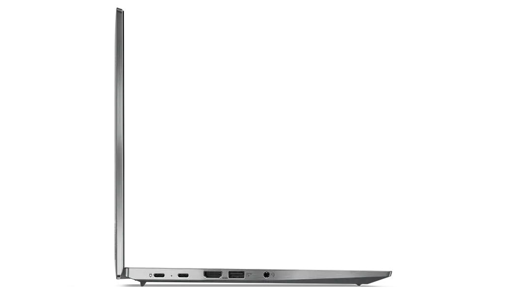 Vista de perfil del lado derecho de ThinkPad T14s (AMD de 14 in), abierto 90 grados, que muestra el borde del teclado y la pantalla