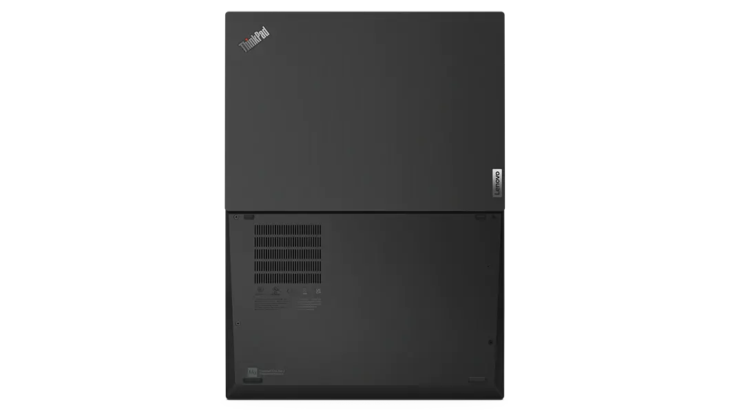 Vista trasera desde arriba de ThinkPad T14s (AMD de 14 in), abierta plana 180 grados, que muestra las cubiertas delantera y trasera