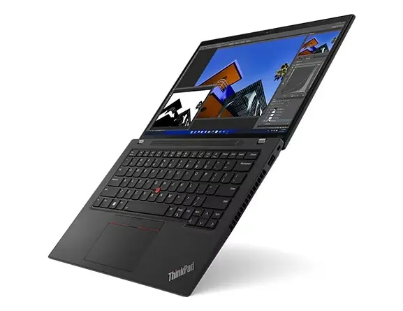 ThinkPad P14s Gen 4 (14" Intel) portable workstation – front view from the right appearing to stand on its front edge, lid open all the way, with various images on the display