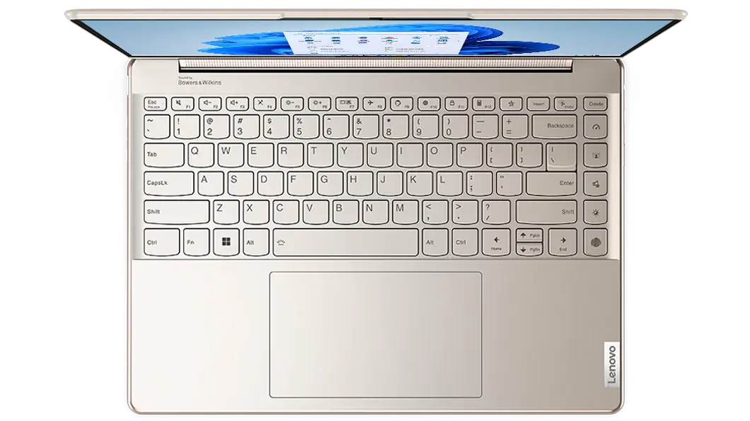 Vista superior de la notebook Lenovo Yoga 9i 7ma Gen (14&quot;, Intel) abierta a 90°, en color oatmeal (avena)
