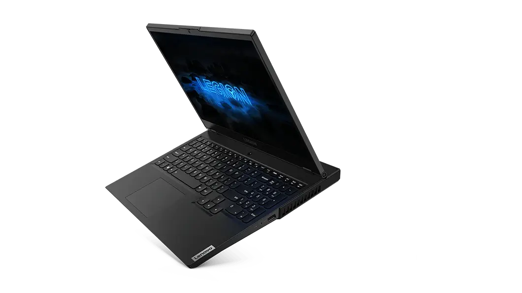 Right angle view of the Lenovo Legion 5 15 laptop, open at a right angle