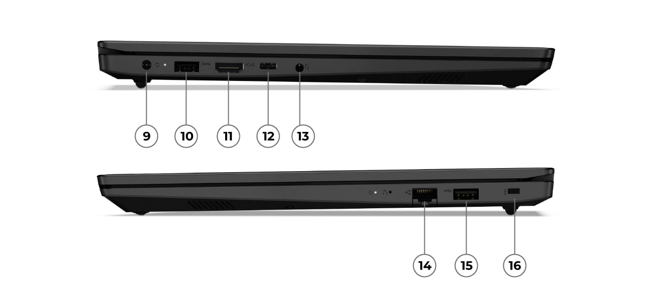 Right and left side ports, numbered, on the Lenovo V15 Gen 3 laptop in Basic Black.