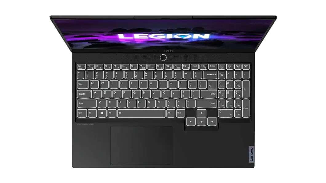 Imagen desde arriba de la laptop gamer Lenovo Legion Slim 7 6ta Gen, con el teclado retroiluminado