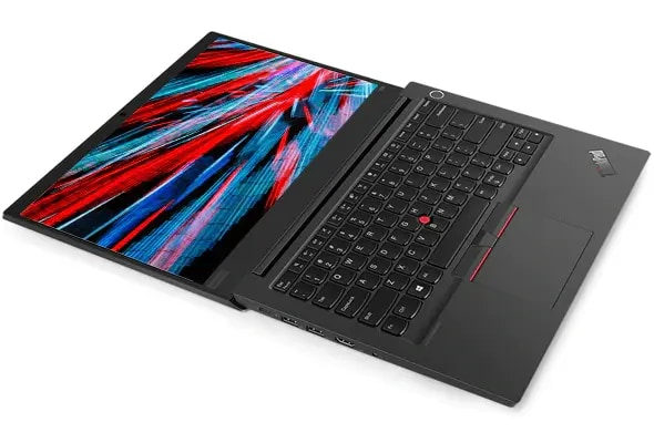 Shot of the Lenovo ThinkPad E14 laptop folded flat, revealing keyboard and display