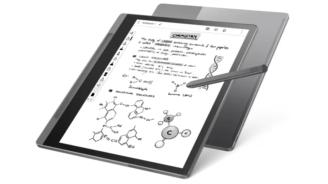 Two Lenovo Smart Paper E-Ink readers, back to back, front one showing chemistry document highlighted and annotated with Lenovo Smart Pen, rear one showing back cover