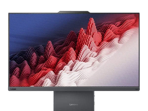 Lenovo ThinkCentre Neo 50a Gen 5 24 inch Intel monitor -- close-up front view, with three-dimensional graphic on the display
