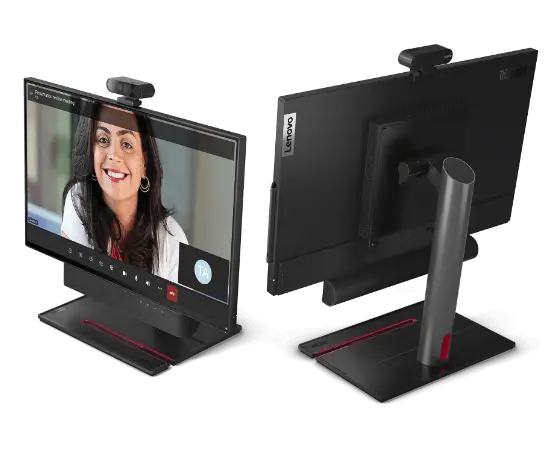 Two Lenovo ThinkSmart View Plus monitors, with camera and soundbar attached, sitting next to each other with one facing front left three-quarter, adjusted to the monitors lowest height.