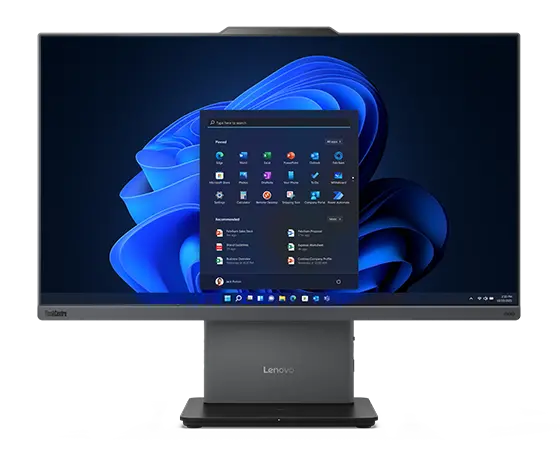 Lenovo ThinkCentre Neo 50a Gen 5 24 inch Intel monitor – close-up, front view, showing Windows menu against blue graphic background