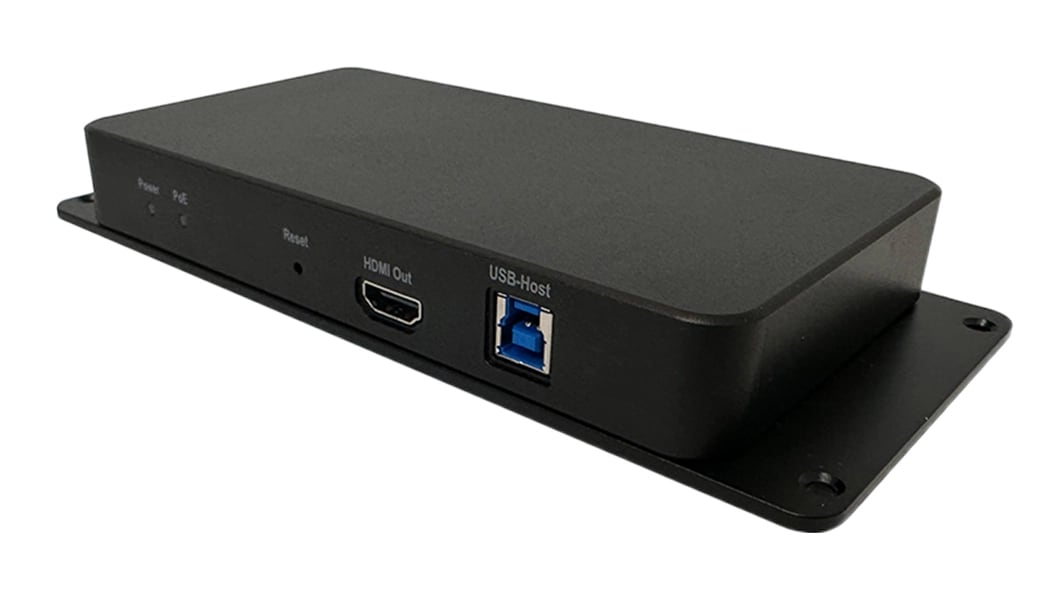 Rear facing Lenovo Link Box, showing power adapter and Ethernet (RJ45) ports