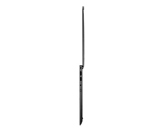 Rechtes Seitenprofil des Lenovo ThinkPad X1 Carbon Notebooks der 12. Generation, um 180 Grad geöffnet.