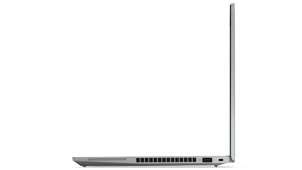 Vista lateral del lado izquierdo de la workstation móvil ThinkPad P14s 3ra Gen abierta en un ángulo de 90 grados, con los puertos y el borde de la pantalla