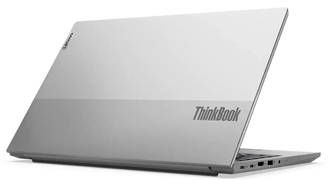 Lenovo Thinkbook 15 Gen 4 (15 &quot;AMD) laptop-¾ Vista de margen izquierdo, tapa parcialmente abierta