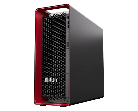 Lenovo ThinkStation P8 -tehotyöasema edestä kuvattuna, vinoittain, ikoninen punainen ThinkPad-kotelo, etuliitännät ja oikea sivupaneeli näkyvissä