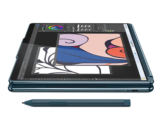 Profile view of the Lenovo Yoga Book 9i Gen 9 (13 Intel) in tablet mode with stylus pen