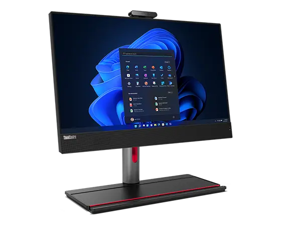 Lenovo ThinkCentre M90a Gen 5 (24″ Intel) all-in-one PC, at an angle, showing display, Full Function Monitor Stand, & placeholder for phone & keyboard