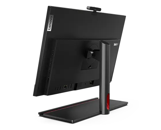 Side view of rear-facing Lenovo ThinkCentre M90a Gen 5 (24″ Intel) all-in-one PC, showing rear cover & ports, & back of tilt-only stand
