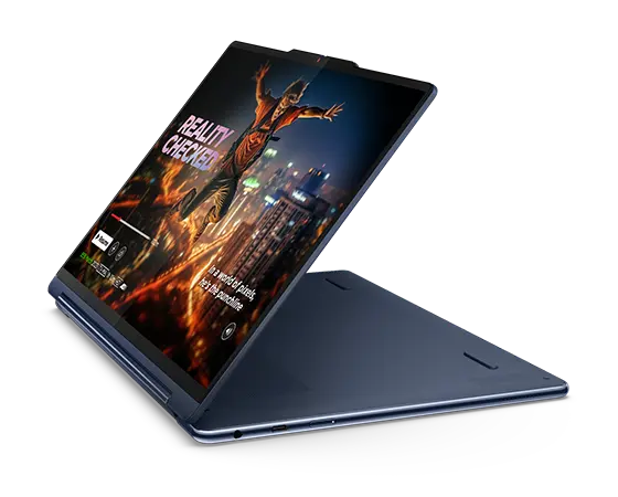Yoga 9i 2-in-1 Gen 9 (14” Intel) in Cosmic Blue in Display Mode facing left with screen on