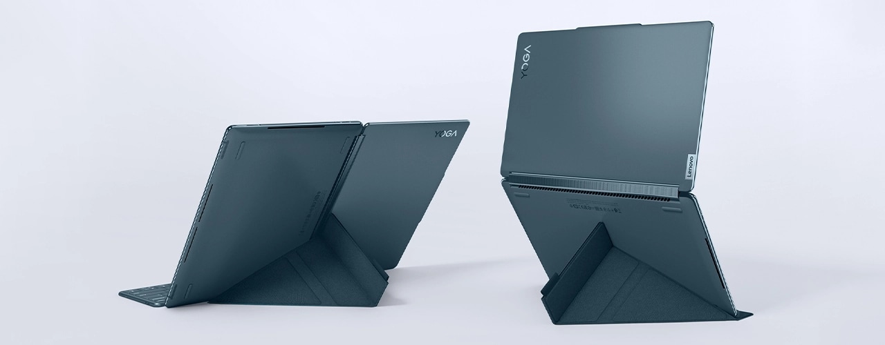 Front and back views of the Lenovo Yoga Book 9i (13 Intel) in its folio case in different dual-screen configurations