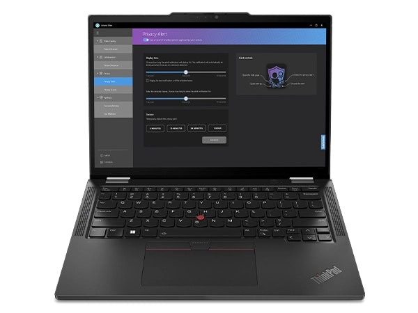 Vorderseite des Lenovo ThinkPad X13 2-in-1-Notebook der 5. Generation, 90 Grad geöffnet, mit Privatsphäre-Bildschirm und Tastatur.