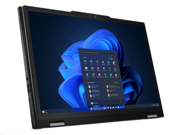 Lenovo ThinkPad X13 2-in-1-Notebook der 5. Generation im Tablet-Modus von links vorne aus gesehen.