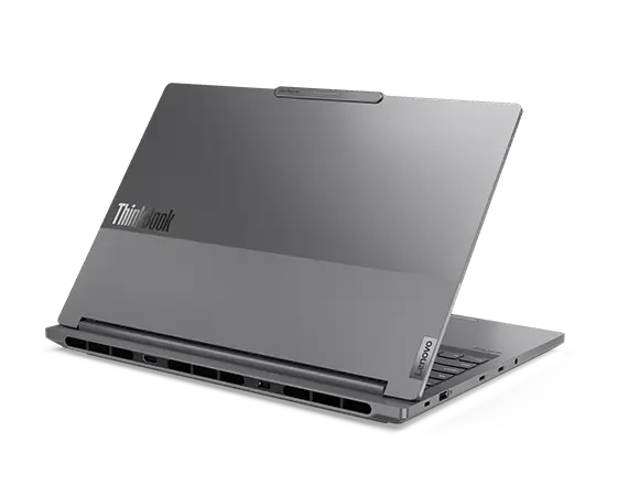 Rear, left side view of the Lenovo ThinkBook 16p Gen 5 (16” Intel) laptop with lid opened at an acute angle, focusing air vents and its two rear ports.
