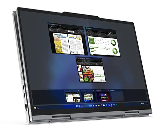 Laptop convertible 2 en 1 Lenovo ThinkPad X1 en modo tableta horizontal, que muestra la pantalla de 14 pulgadas.