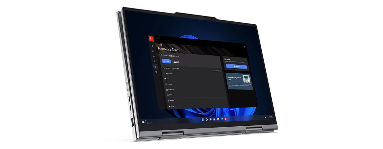 Lenovo ThinkPad X1 2-in-1 convertible laptop in horizontal tablet mode, with Windows 11 Pro Hardware Scan on the display.