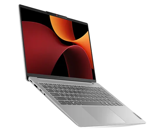 Front left angle view of the Cloud Grey  IdeaPad Slim 5 Gen 9 (14 AMD), opened wide