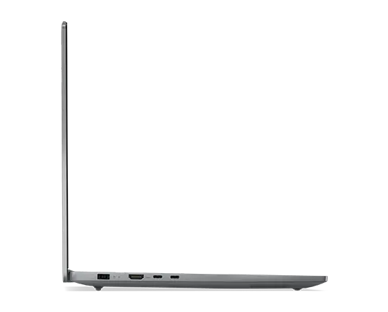Aanzicht van de linkerzijde van de Lenovo IdeaPad Pro 5 Gen 9 16 inch AMD-laptop met de klep 90 graden geopend met vier zichtbare poorten.