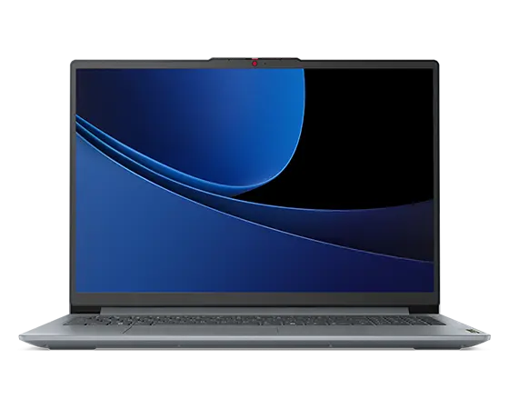Close up, front view of the Lenovo IdeaPad Slim 3i Gen 9 16 inch laptop in Artic Grey with lid opened 90 degrees, focusing its display in standby mode.