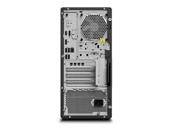 Rear view of the Lenovo ThinkStation P2 Tower workstation, focusing its back side ports and its hardware architecture.