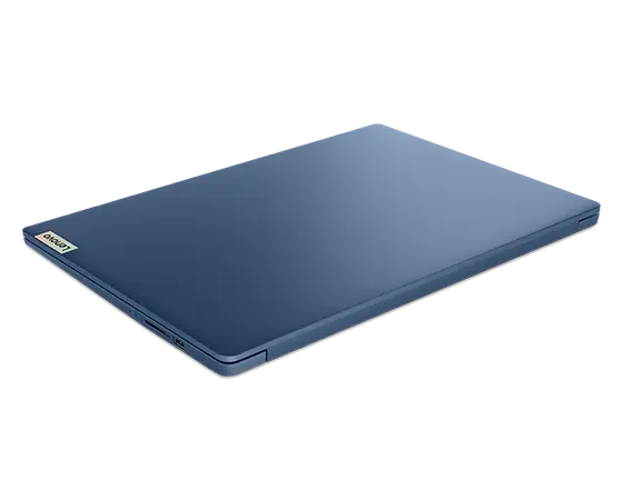 Rear, right side view of the Lenovo IdeaPad Slim 3i Gen 9 16 inch laptop in Abyss Blue with lid closed & visible Lenovo logo on the top cover.