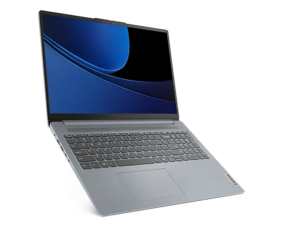 Front, left side view of the Lenovo IdeaPad Slim 3i Gen 9 16 inch laptop in Artic Grey suspended in air with lid opened at wide angle, focusing its keyboard & display in standby mode.