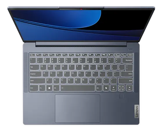 Lenovo IdeaPad Slim 5i Gen 9 (14&quot; Intel) laptop – Cloud Grey – top view, lid open, wavy blue lines on the display