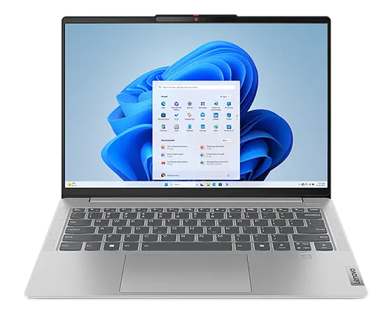 Lenovo IdeaPad Slim 5i Gen 9 (14&quot; Intel) laptop – Cloud Grey – front view, lid open, Windows menu on the display