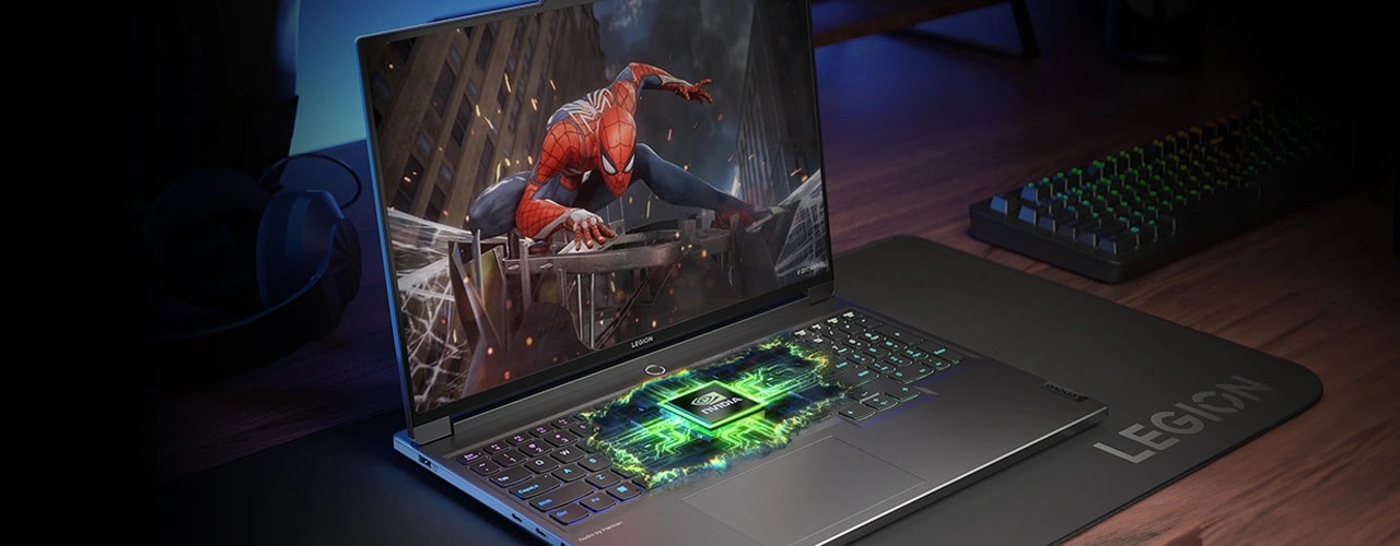 Lenovo Legion 7i Gen 9 (16″ Intel) with rendering of a NVIDIA® GPU inside, with Spider-Man 2 gameplay on the screen