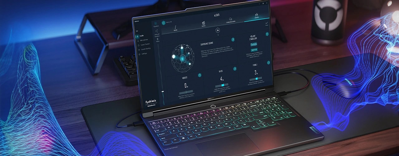 Lenovo Legion 7i Gen 9 (16″ Intel) with illustrated sound waves emitting from it