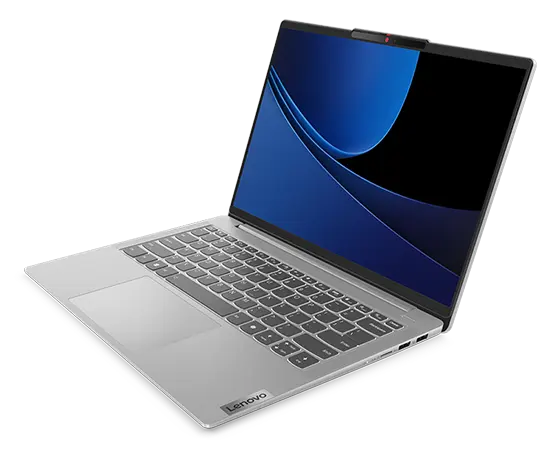 Lenovo IdeaPad Slim 5i Gen 9 (14&quot; Intel) laptop – Violet – right-front view, lid open, wavy blue lines on the display