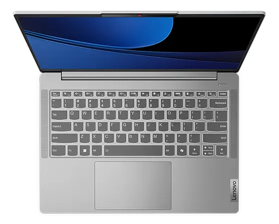 Lenovo IdeaPad Slim 5i Gen 9 (14&quot; Intel) laptop -- Violet – top view, lid open, wavy blue lines on the display