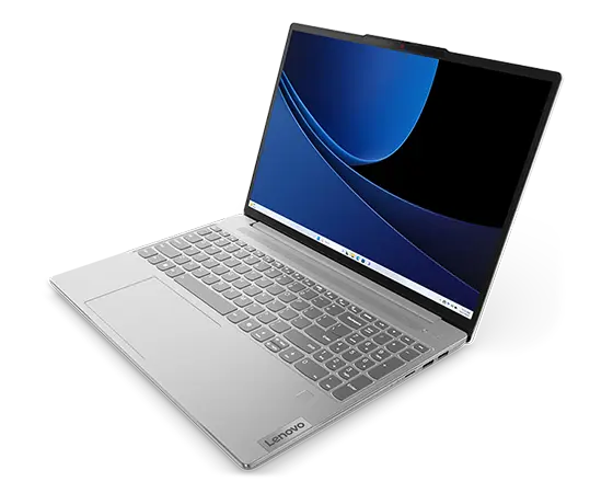 Front-right side view of IdeaPad Slim 5i Gen 9 15&quot; Intel laptop with lid open, showing a blue graphic image on the screen.