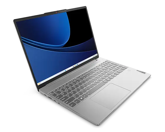 Front-left side view of IdeaPad Slim 5i Gen 9 15&quot; Intel laptop with lid open, showing a blue graphic image on the screen.