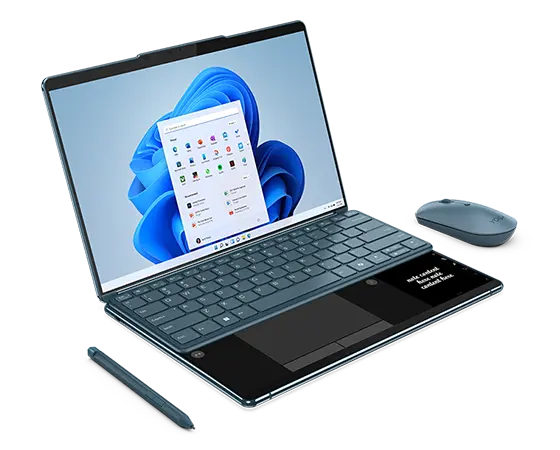 Left front angle view of the Lenovo Yoga Book 9i Gen 9 (13 Intel), wireless keyboard, mouse, and stylus pen