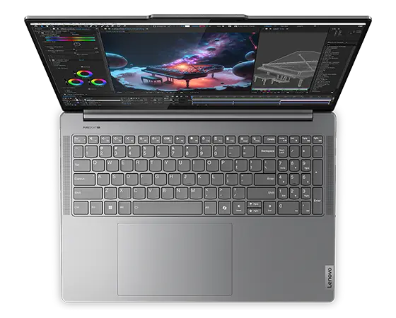 Vue du dessus d’un Lenovo Yoga Pro 9i Gen 9 (16 Intel), montrant le clavier, le pavé tactile et l’écran