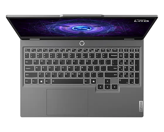 Lenovo LOQ 15IRX9 gaming laptop – view from above, lid open, with LOQ logo on the display