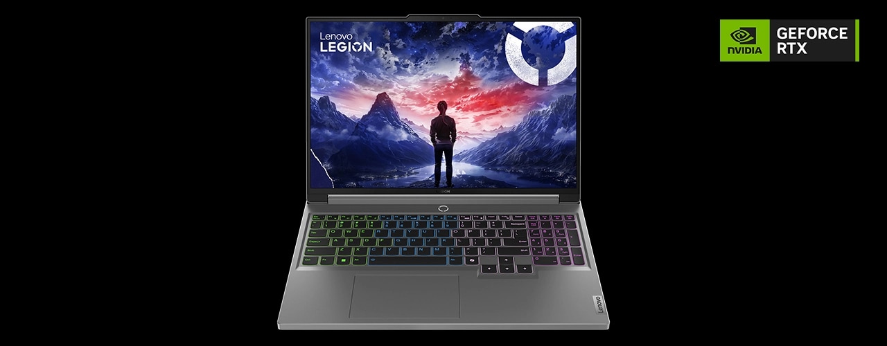 Front-facing view of Legion 5i laptop with display on and RGB keyboard, plus NVIDIA GeForce RTX badge