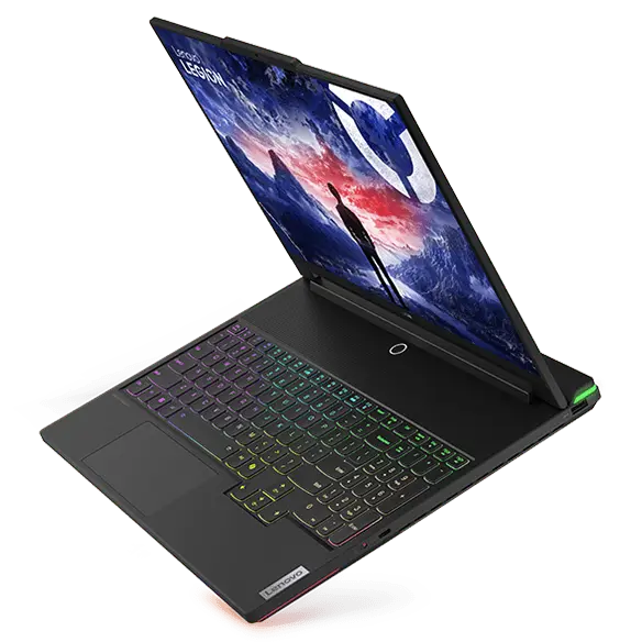 Legion 9i (16″ Intel) floating, front facing left, open with RGB lighting on keyboard