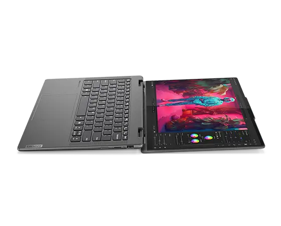 Right view of the Lenovo Yoga 7 2-in-1 Gen 9 (14 AMD) opened 180 degrees, laying flat