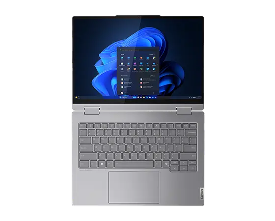Vista anteriore del laptop Lenovo ThinkBook 14 2 in 1 Gen 4 (14'' Intel) aperto a 180 gradi, con dettaglio della tastiera e del display con il menu Windows 11 Pro sullo schermo.