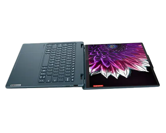 Right profile view of the Yoga 7 2-in-1 Gen 9 (14 Intel) opened 180 degrees and laying flat